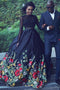 A line Black Two Piece Lace Long Sleeves Floral Prom Dress with Keyhole Back OM0053