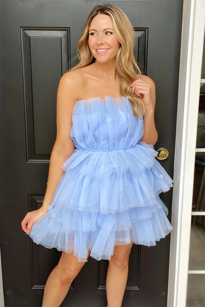 A Line Sky Blue Tulle Tiered Short Homecoming Dress, Strapless Party Graduation Dress OMH0245