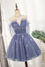 A line Tulle Blue Sheer Neck Homecoming Dresses with Sequins, Sparkly Mini Prom Dress OMH0044