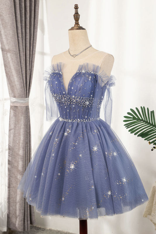 A line Tulle Blue Sheer Neck Homecoming Dresses with Sequins, Sparkly Mini Prom Dress OMH0044