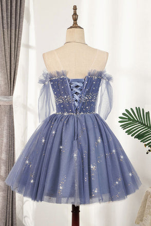 A line Tulle Blue Sheer Neck Homecoming Dresses with Sequins, Sparkly Mini Prom Dress OMH0044