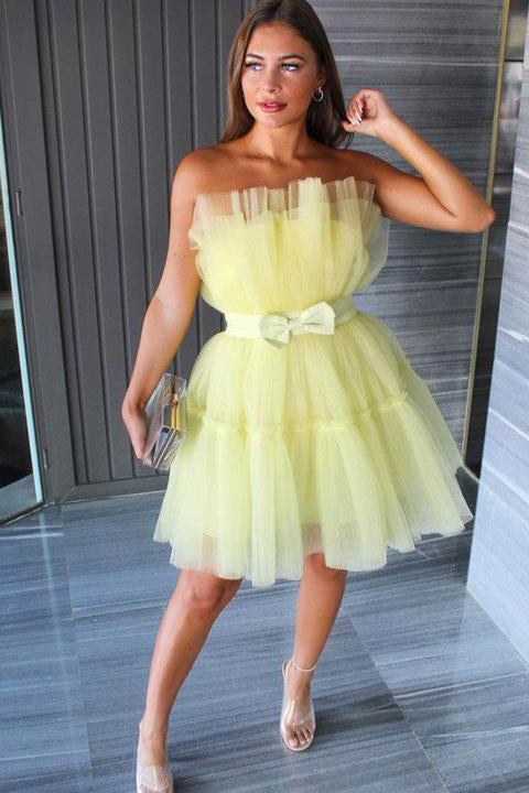 Simple A line Yellow Tulle Strapless Mini Dress, Short Prom Dress, Homecoming Dresses OMH0072