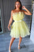 Simple A line Yellow Tulle Strapless Mini Dress, Short Prom Dress, Homecoming Dresses OMH0072