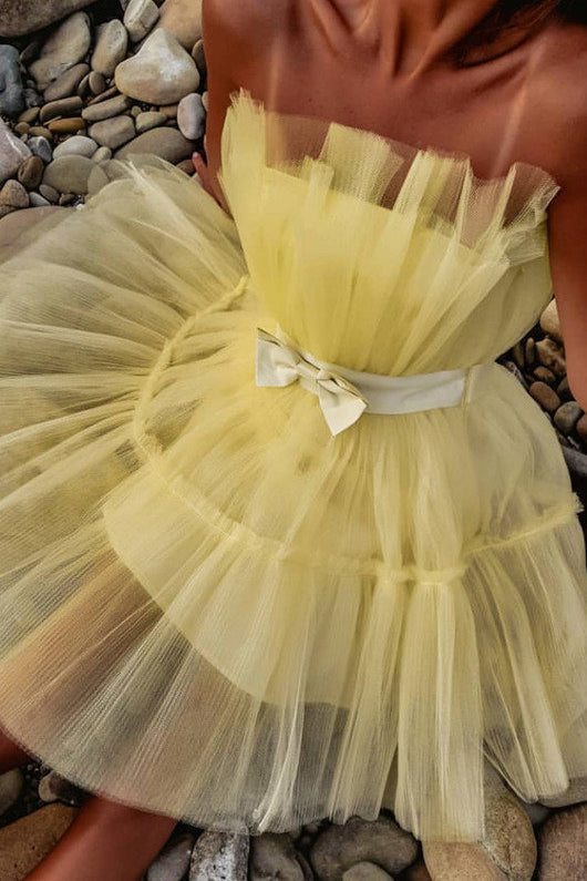 Simple A line Yellow Tulle Strapless Mini Dress, Short Prom Dress, Homecoming Dresses OMH0072