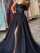 Black Sweetheart Spaghetti Straps Tulle Prom Dresses with Slit A line Party Dresses OM0163