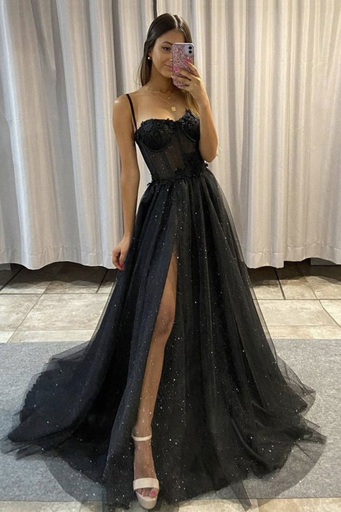 Black Sweetheart Spaghetti Straps Tulle Prom Dresses with Slit A line Party Dresses OM0163