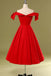 Simple A Line Red Off the Shoulder Satin Knee Length Homecoming Dresses, Short Prom Dress SK32