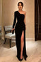 Simple A line Black One Shoulder Satin Long Prom Dresses With Slit, Elegant Evening Dress OM0319