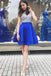 Flattering A-line Sequins V-Neck Satin Blue Short Homecoming Dresses, Cocktail Dress OMH0099