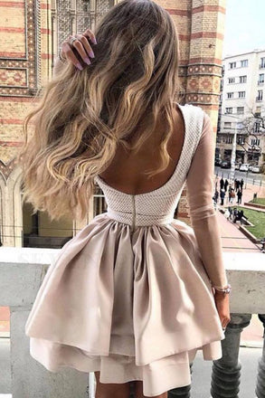 A Line High Neck Long Sleeves Satin Champagne Short Homecoming Dress with Appliques SK35