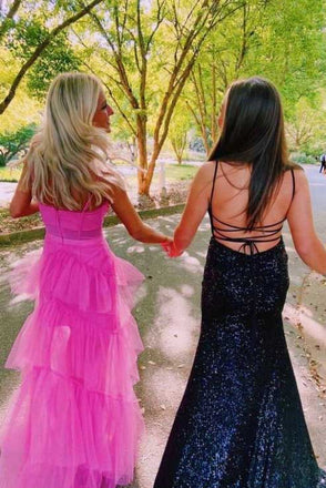 Hot Pink Tiered Spaghetti Straps Tulle Sequins Prom Dresses, Long Dance Dress OM0069