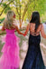Hot Pink Tiered Spaghetti Straps Tulle Sequins Prom Dresses, Long Dance Dress OM0069