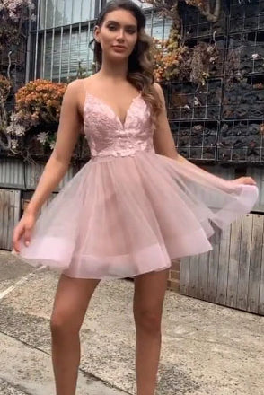 Simple Spaghetti Straps V Neck Backless Pink Homecoming Dress, Short Prom Dresses SK36