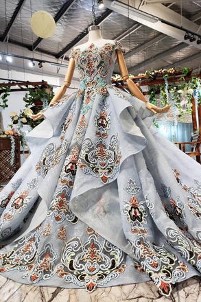 Ball Gown Light Blue Cap Sleeve Long Prom Dresses, Beaded Lace up Quinceanera Dresses PDN75