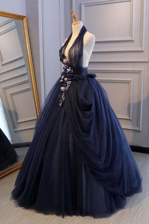 Princess Ball Gown Dark Blue Tulle Halter Prom Dresses Deep V Neck Backless Evening Dresses PDI90