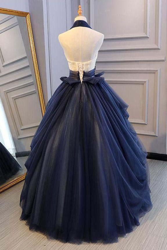 Princess Ball Gown Dark Blue Tulle Halter Prom Dresses Deep V Neck Backless Evening Dresses PDI90