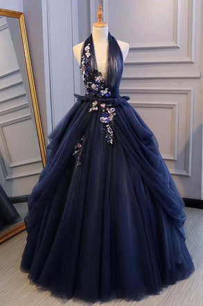 Princess Ball Gown Dark Blue Tulle Halter Prom Dresses Deep V Neck Backless Evening Dresses PDI90