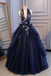 Princess Ball Gown Dark Blue Tulle Halter Prom Dresses Deep V Neck Backless Evening Dresses PDI90
