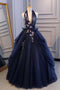 Princess Ball Gown Dark Blue Tulle Halter Prom Dresses Deep V Neck Backless Evening Dresses PDI90