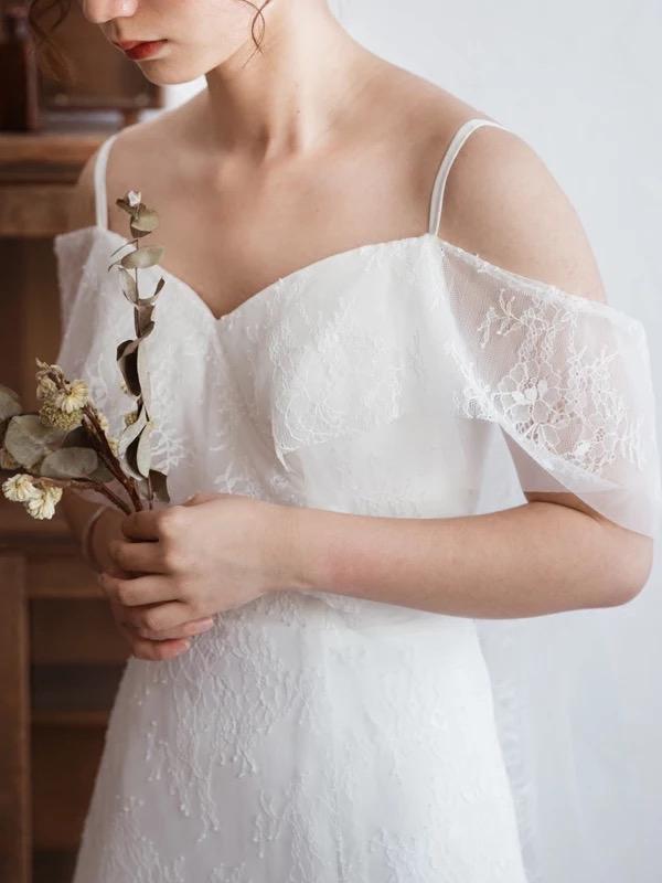 Spaghetti Straps Lace A Line Boho Beach Wedding Dress Simple Bridal Gown PDH82
