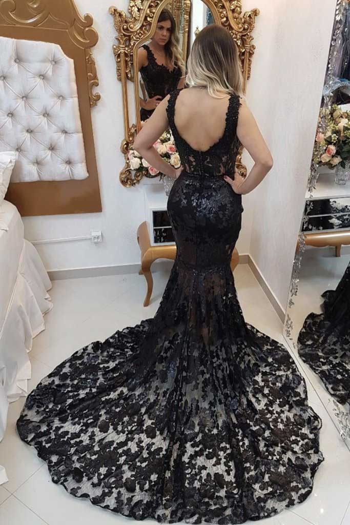 Vintage Black Mermaid Lace Straps Beaded Prom Dresses, Backless Formal Dresses OM0057