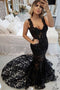 Vintage Black Mermaid Lace Straps Beaded Prom Dresses, Backless Formal Dresses OM0057