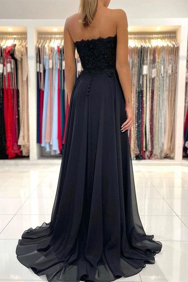 Elegant Black Sweetheart Strapless Chiffon Prom Dresses with Appliques OM0127