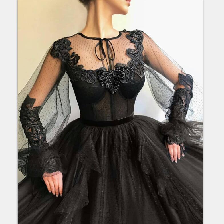 Black Long A-line Tulle Prom Dress, Long Sleeves Modest Evening Gown PDG82