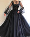 Black Long A-line Tulle Prom Dress, Long Sleeves Modest Evening Gown PDG82