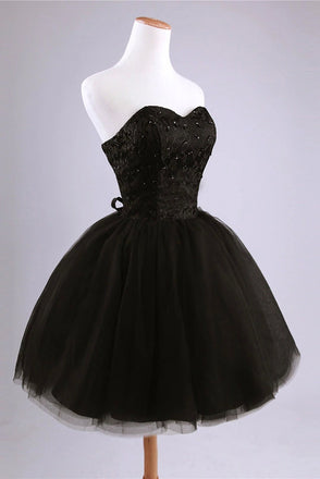 Black Strapless Sweetheart Tulle Short Homecoming Dress with Beads, Graduation Dress OMH0115