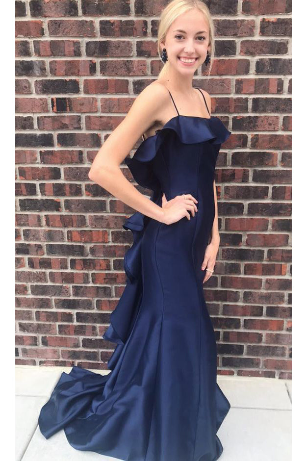 Unique Ruffles Backless Mermaid Navy Blue Spaghetti Straps Prom Dress with Train OM0099