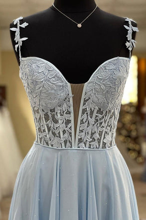 A Line Blue V Neck Lace Chiffon Long Prom Dresses with High Slit, Evening Dresses OM0213