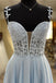 A Line Blue V Neck Lace Chiffon Long Prom Dresses with High Slit, Evening Dresses OM0213