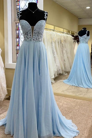 A Line Blue V Neck Lace Chiffon Long Prom Dresses with High Slit, Evening Dresses OM0213