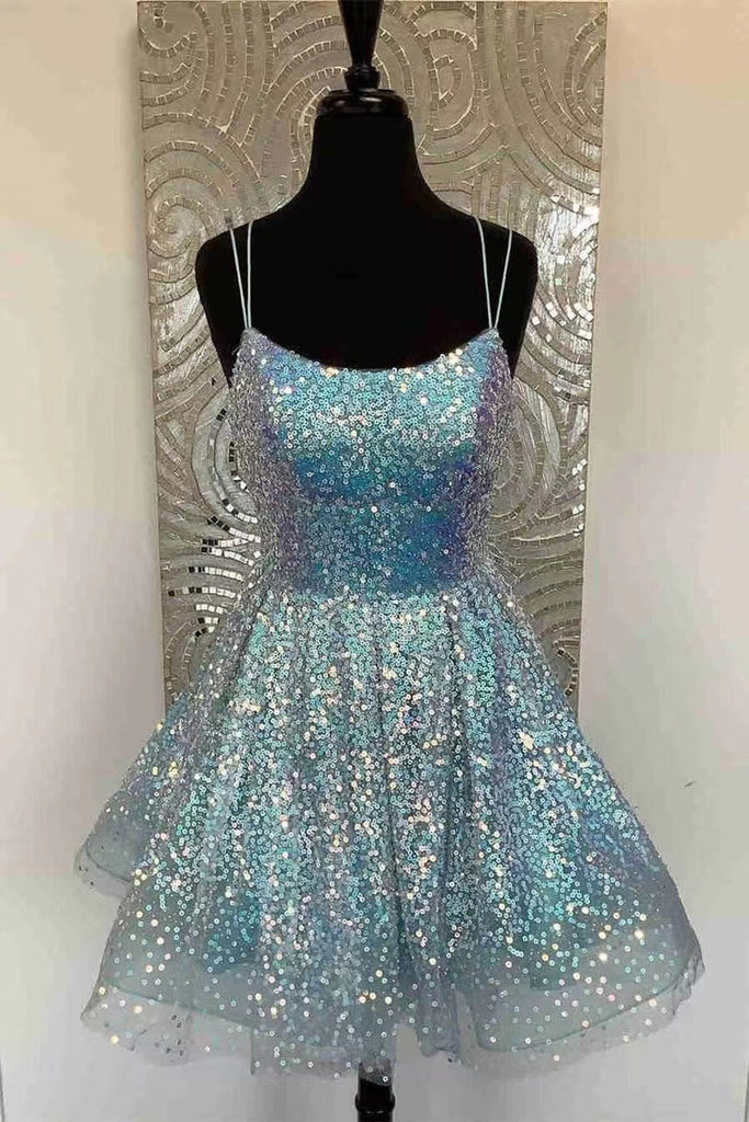 Shiny A Line Sequins Light Blue Plus Size Short Party Dresses, Homecoming Dresses OMH0096