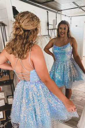 Shiny A Line Sequins Light Blue Plus Size Short Party Dresses, Homecoming Dresses OMH0096