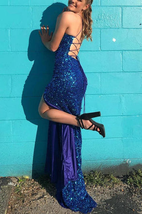Glitter Mermaid Blue Spaghetti Straps Sequins Prom Dresses with Slit, Formal Dresses OM0103