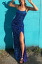 Glitter Mermaid Blue Spaghetti Straps Sequins Prom Dresses with Slit, Formal Dresses OM0103
