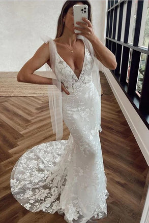 New Arrival Deep V Neck Mermaid Lace Wedding Dresses, Backless Bridal Dress OW0127
