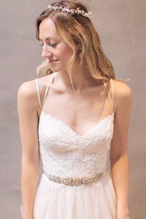 Bohemian V Neck Spaghetti Straps Ivory Backless Tulle Beads Beach Wedding Dresses WD04