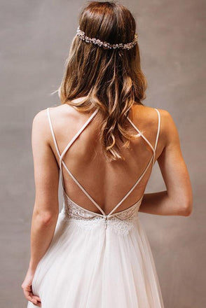 Bohemian v neck spaghetti straps backless tulle wedding dresses mg669