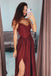 Burgundy A Line V-Neck Long Spaghetti Strap Split Prom Dresses With Lace PDH74