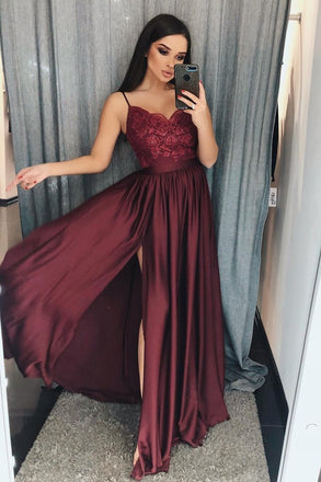 Burgundy A Line V-Neck Long Spaghetti Strap Split Prom Dresses With Lace PDH74