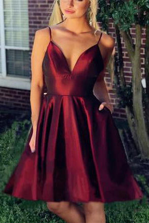Cute A line Burgundy Spaghetti Straps V Neck Satin Homecoming Dresses with Pockets OMH0068