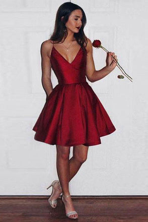 Cute A line Burgundy Spaghetti Straps V Neck Satin Homecoming Dresses with Pockets OMH0068