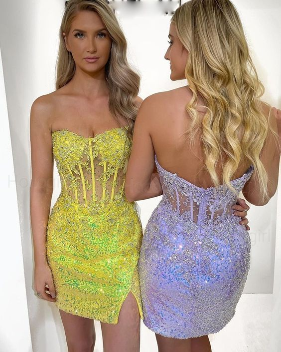 Tight Strapless Lavender Sequined Sleeveless Short Prom Dresses, Homecoming Dress OMH0032