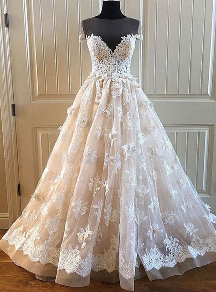 Charming Lace Long A Line Prom Dress, Long Wedding Dress With Cap Sleeves PDE92
