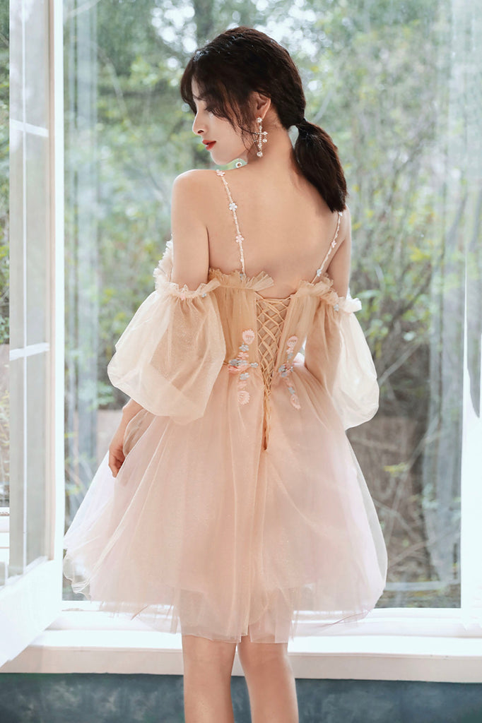 Cute Tulle Appliques Short Prom Dress, Pink Off the Shoulder Sweet 16 Dresses OMH0062