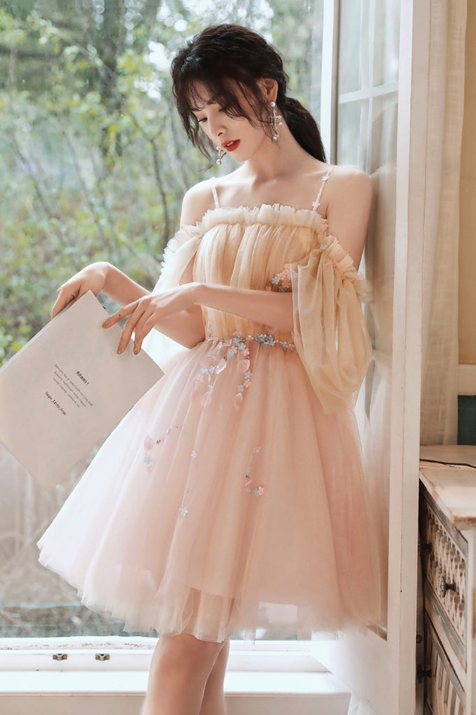 Cute Tulle Appliques Short Prom Dress, Pink Off the Shoulder Sweet 16 Dresses OMH0062