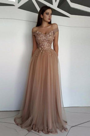 A Line Off Shoulder Tulle Lace Appliques Long Prom Dresses, Formal Dresses, Graduation Dresses PDJ16